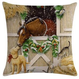 NEW CHRISTMAS DECOR FARM ANIMALS SLEIGH DECORATIVE LINEN BLEND PILLOW COVER 18"